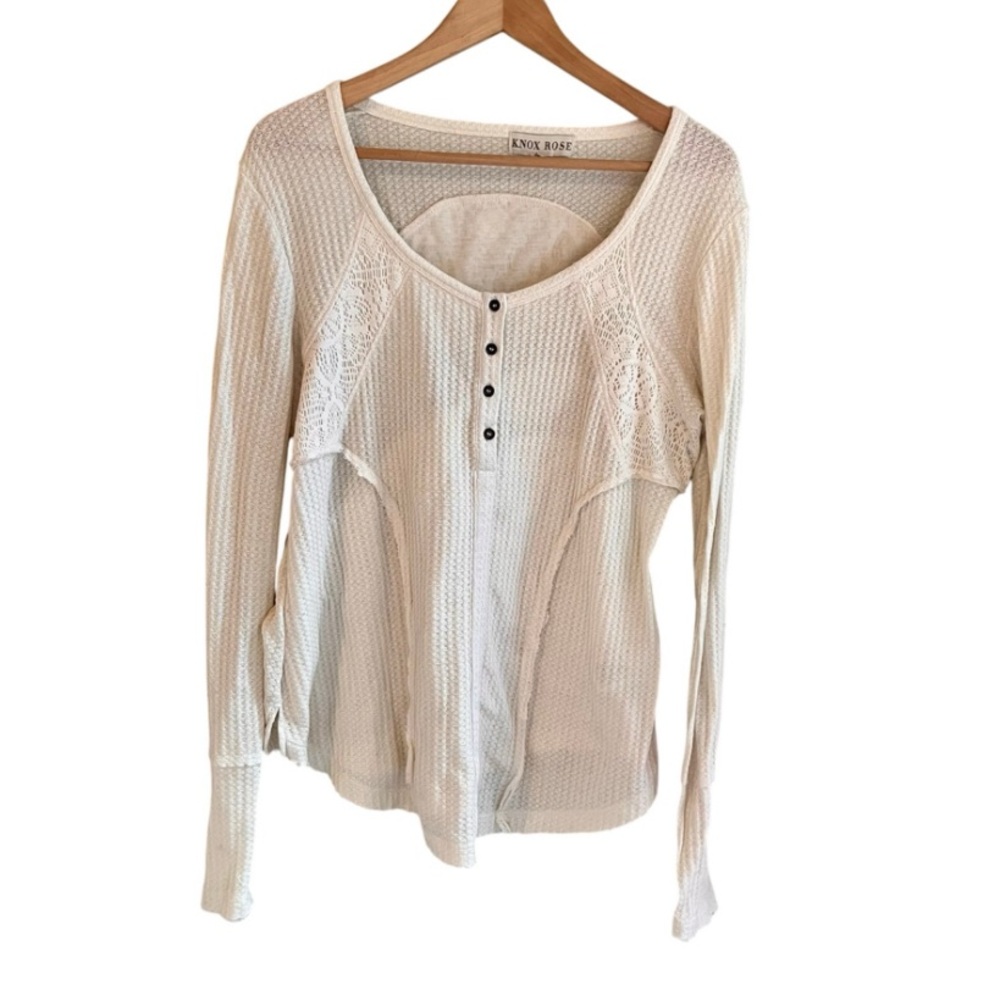 Knox Rose Cream Waffle Knit Lace Henley Top – Size L